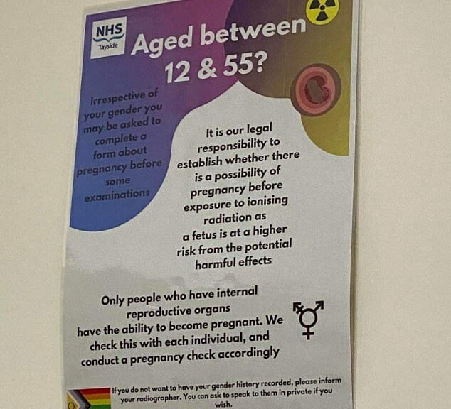 This is the poster at NHS Tayside that not only details that staff might ask 12-year-old boys if they are pregnant but experts say also wrongly implies biological men can get pregnant